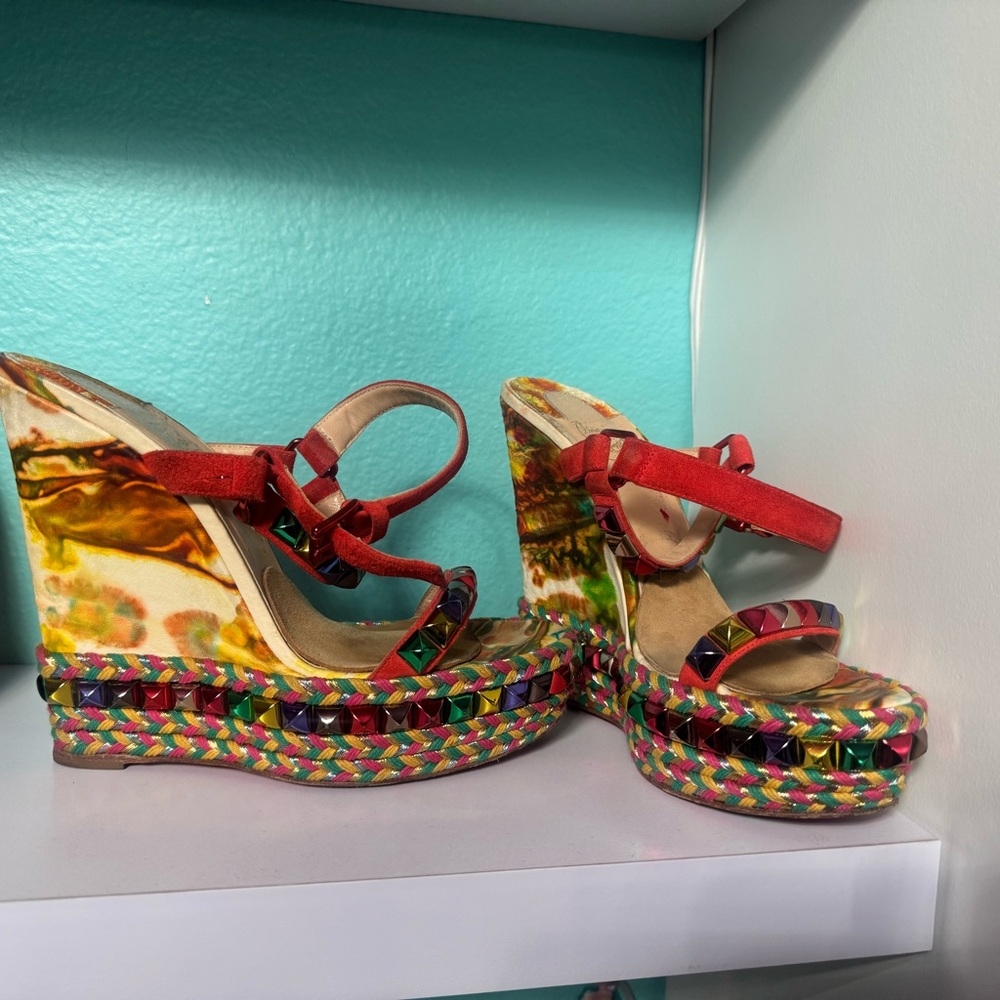 Christian Louboutin Pyraclou Metallic Spike Red Sole Wedge Sandals